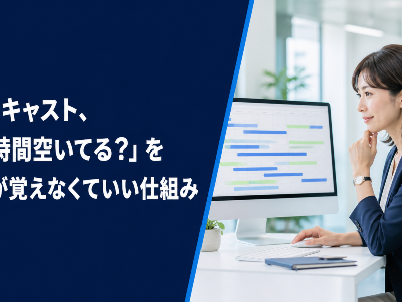 予約ボードでキャストの空き状況を確認する受付スタッフ