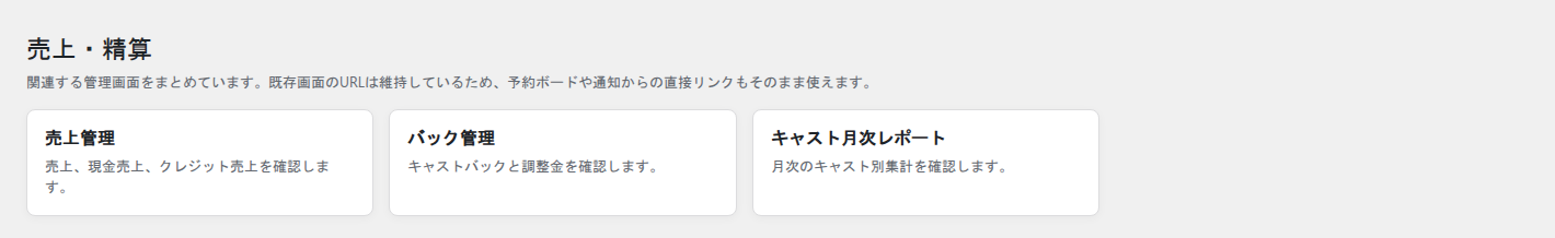 売上管理、バック管理、キャスト月次レポートをまとめたCYENの売上管理画面