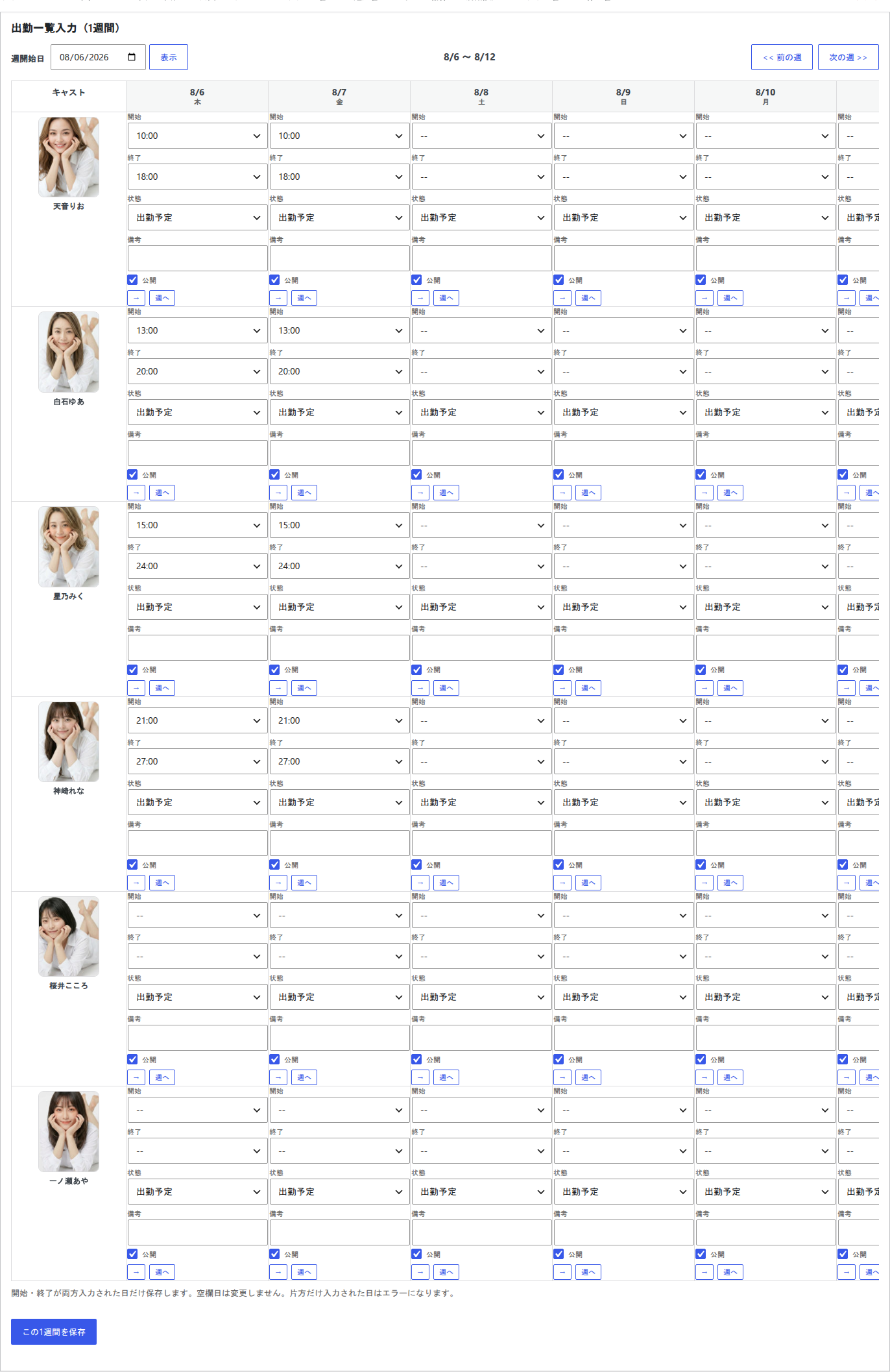 キャストの出勤時間を週単位で一覧表示するCYENのシフト管理画面