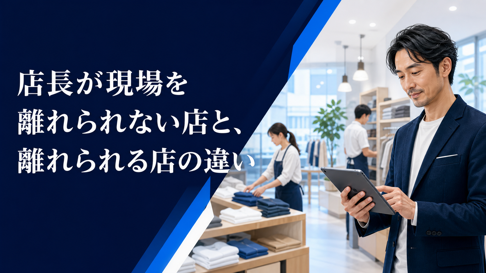 店長がタブレットで店舗ダッシュボードを確認するイメージ