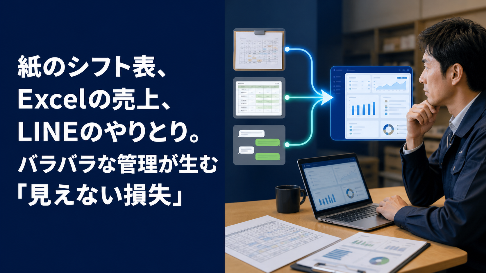紙のシフト表、Excelの売上、LINEのやりとり。バラバラな管理が生む「見えない損失」のアイキャッチ画像