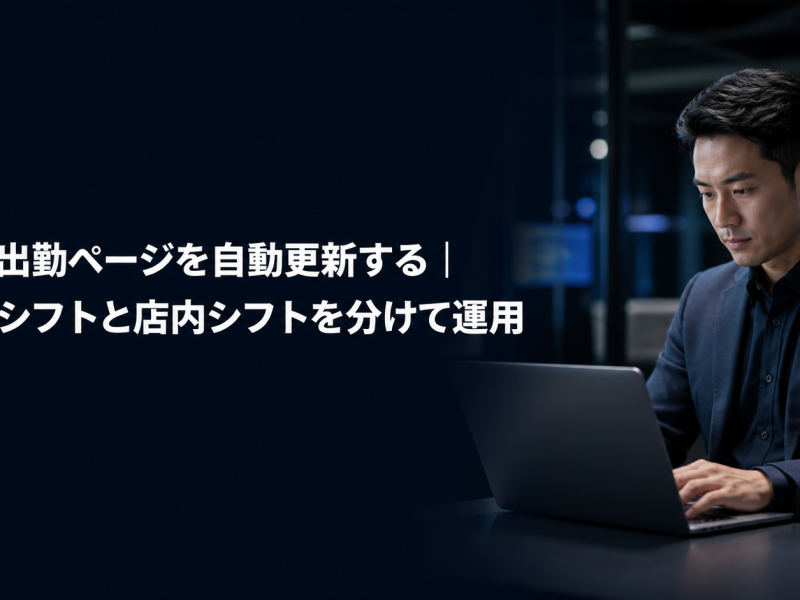 本日出勤ページを自動更新する記事のアイキャッチ。ノートパソコンでシフトを操作する店舗管理者