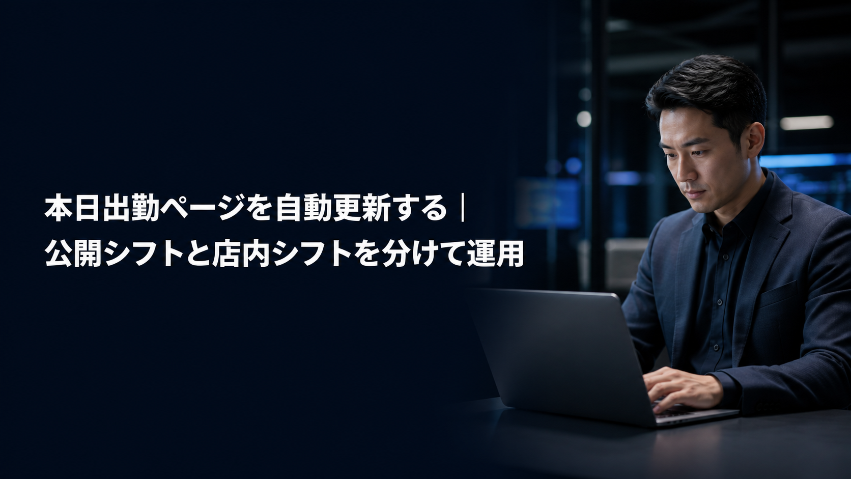 本日出勤ページを自動更新する記事のアイキャッチ。ノートパソコンでシフトを操作する店舗管理者
