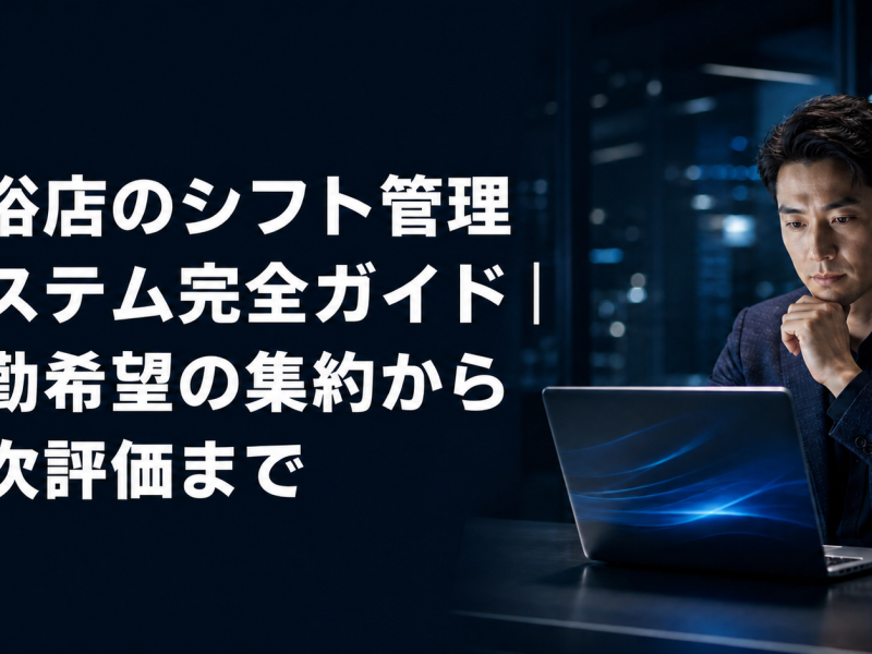 風俗店のシフト管理システム完全ガイドのアイキャッチ。ノートパソコンで出勤状況を見る店舗管理者