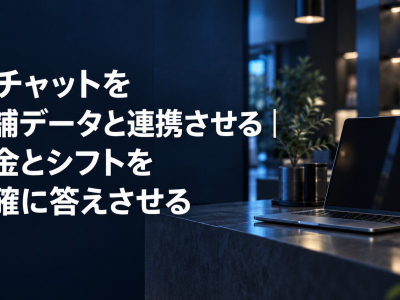 AIチャットを店舗データと連携させる記事のアイキャッチ。濃紺の受付カウンターに置かれたノートパソコンと記事タイトル