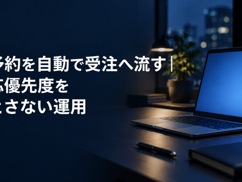 AI予約を自動で受注へ流す記事のアイキャッチ。夜のオフィスの机に置かれたノートパソコン