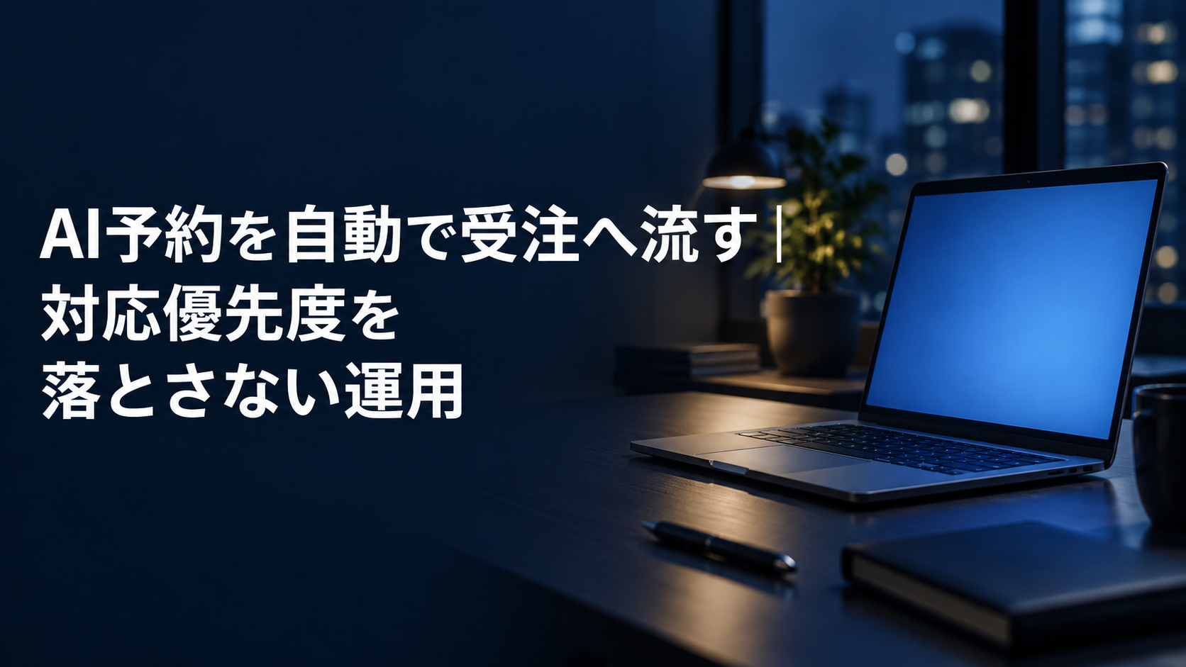 AI予約を自動で受注へ流す記事のアイキャッチ。夜のオフィスの机に置かれたノートパソコン