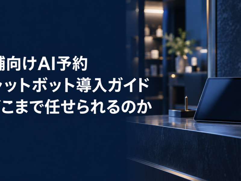 店舗向けAI予約チャットボット導入ガイドのアイキャッチ。濃紺の受付カウンターに置かれたタブレット端末