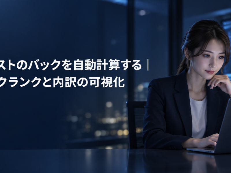 キャストのバックを自動計算する仕組みを紹介する記事のアイキャッチ。夜のオフィスでノートパソコンに向かう女性スタッフ