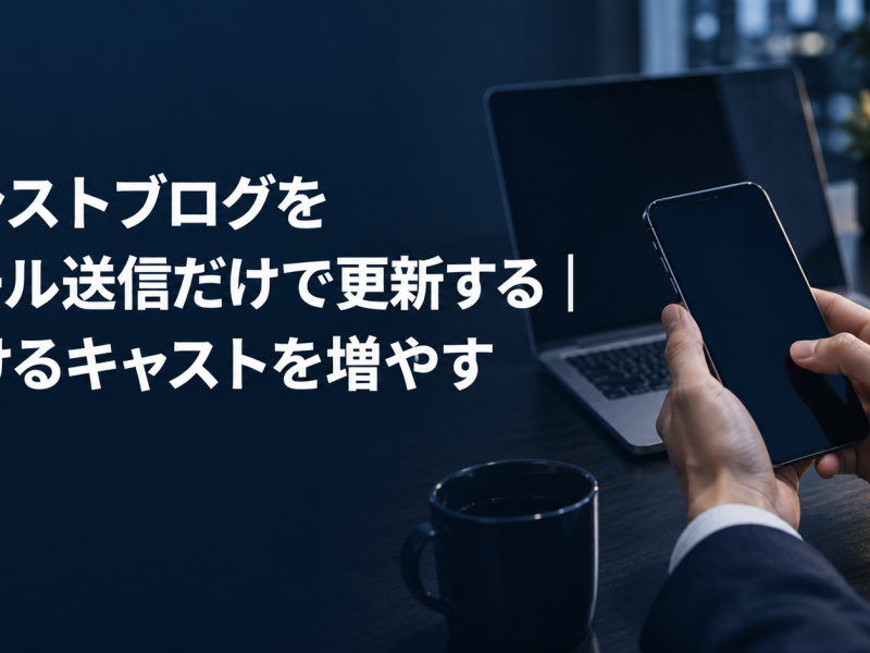 キャストブログをメール送信だけで更新する記事のアイキャッチ。ノートパソコンの横でスマートフォンからメールを送ろうとしている手元
