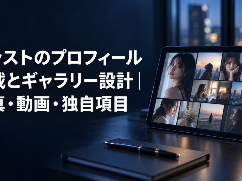 キャストのプロフィール掲載とギャラリー設計を表すアイキャッチ。タブレットにキャストの写真と動画がタイル状に並んでいる