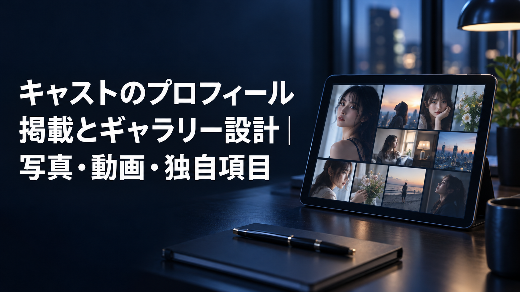キャストのプロフィール掲載とギャラリー設計を表すアイキャッチ。タブレットにキャストの写真と動画がタイル状に並んでいる