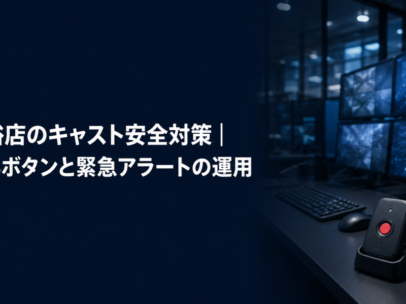 風俗店のキャスト安全対策を紹介する記事のアイキャッチ。監視モニターが並ぶ執務デスクに置かれた緊急通報ボタン