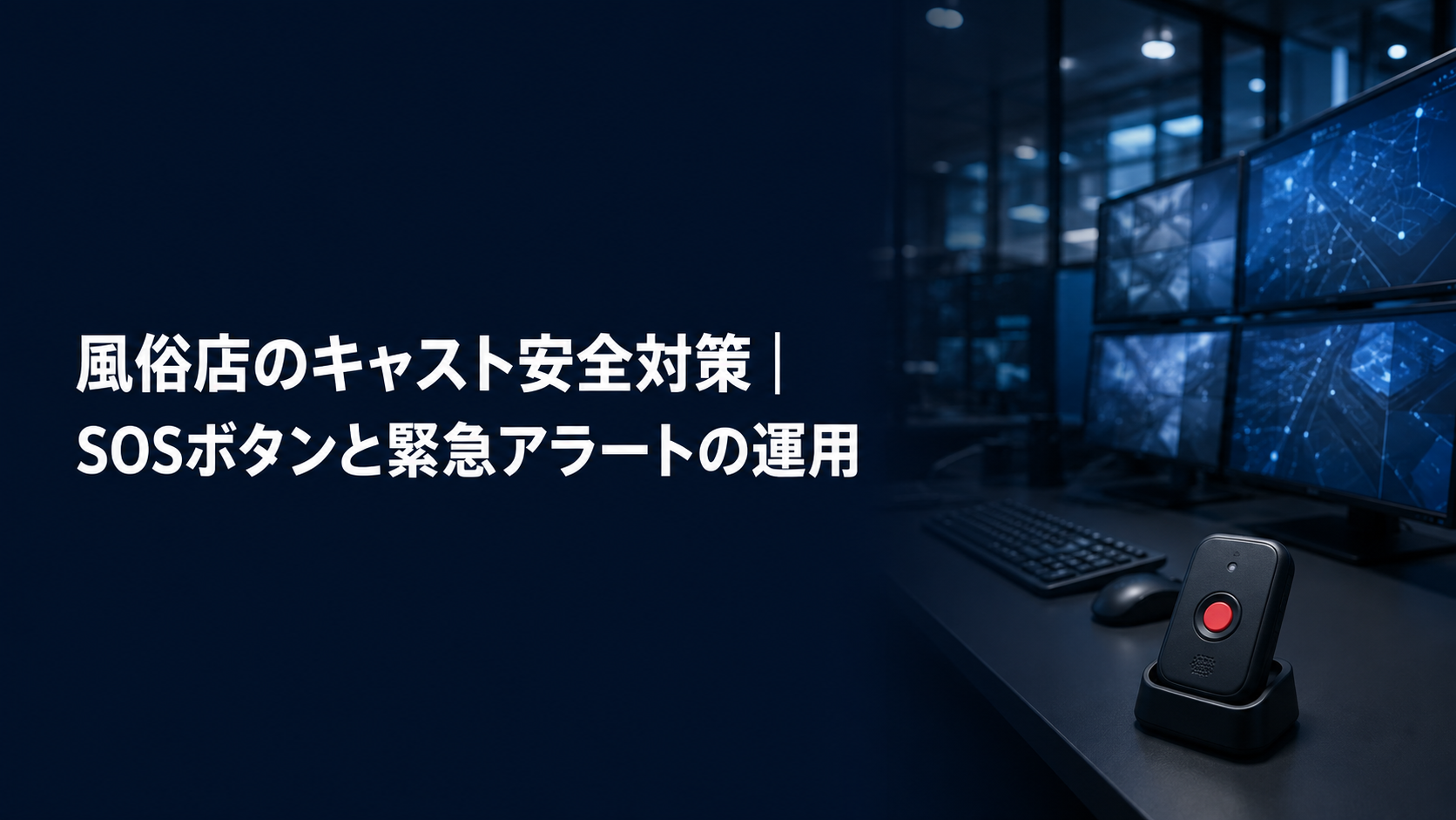 風俗店のキャスト安全対策を紹介する記事のアイキャッチ。監視モニターが並ぶ執務デスクに置かれた緊急通報ボタン