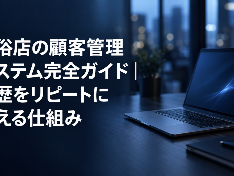 風俗店の顧客管理システム完全ガイドのアイキャッチ。夜のオフィスの机に置かれたノートパソコン