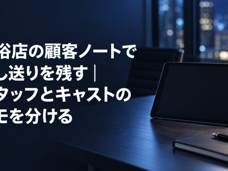 風俗店の顧客ノートで申し送りを残す記事のアイキャッチ。夜のオフィスの机に置かれたタブレットとノート