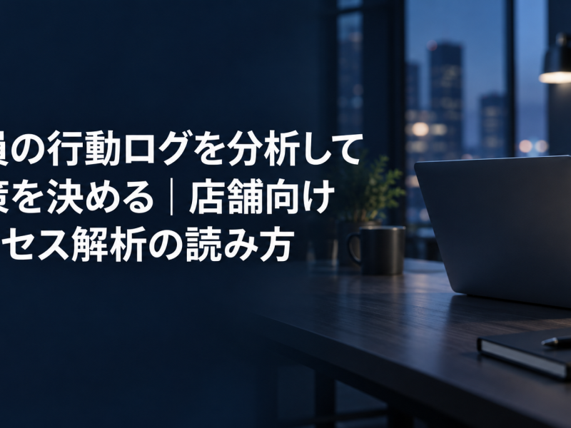 会員の行動ログを分析して施策を決める記事のアイキャッチ。夜景の見える執務席に置かれたノートパソコンとノート