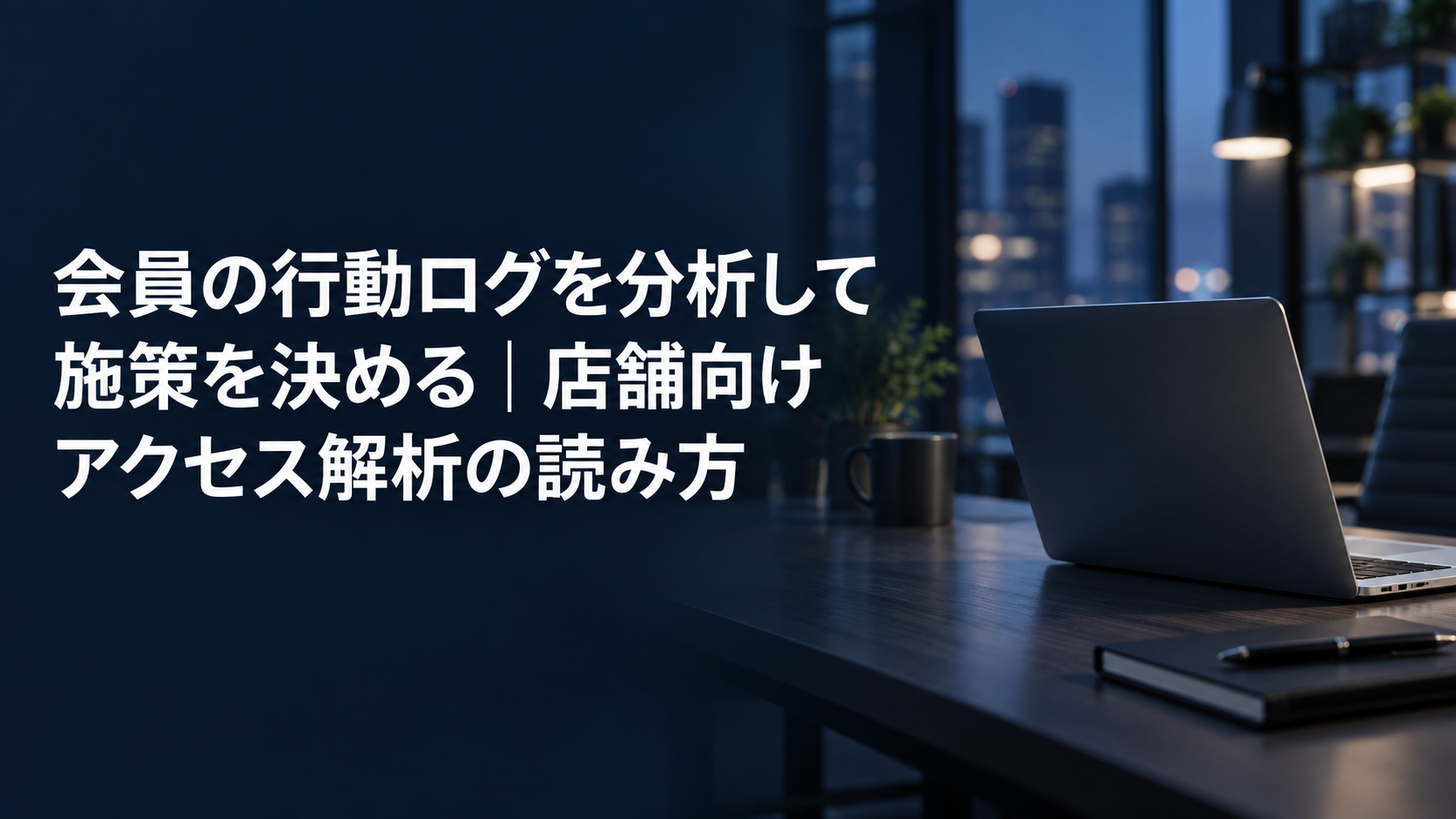 会員の行動ログを分析して施策を決める記事のアイキャッチ。夜景の見える執務席に置かれたノートパソコンとノート
