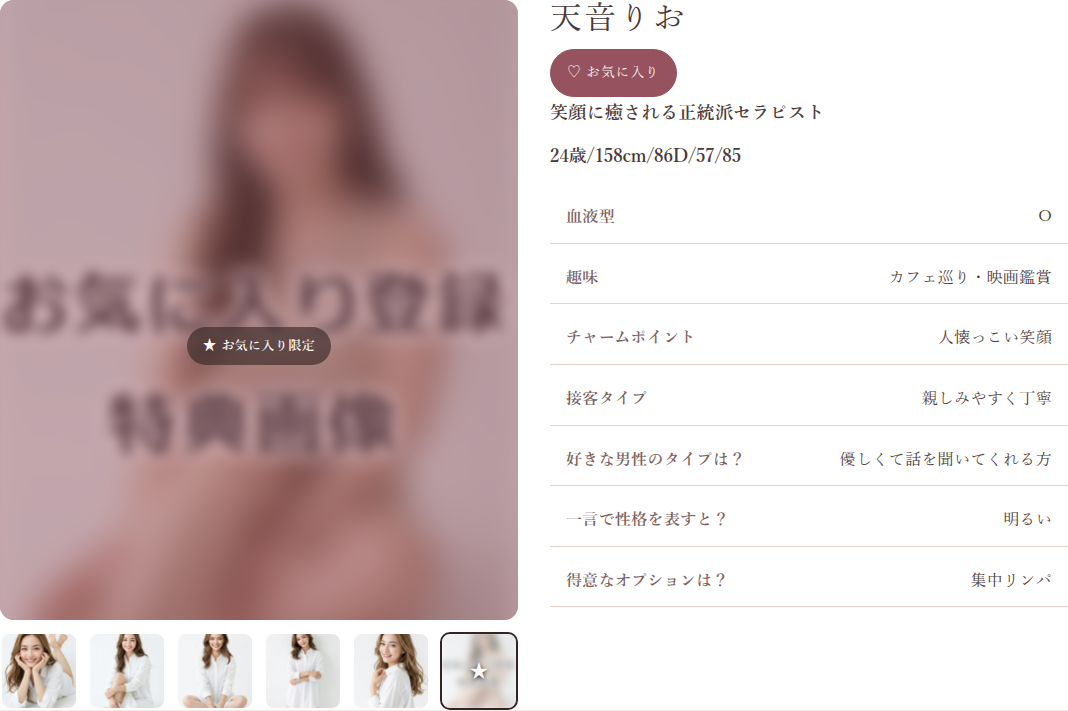 キャストプロフィールのギャラリーで、会員限定枠が「★お気に入り限定」のプレースホルダーとして表示されている画面
