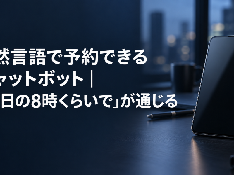 自然言語で予約できるチャットボットのアイキャッチ。濃紺の机に置かれたスマートフォンと記事タイトル