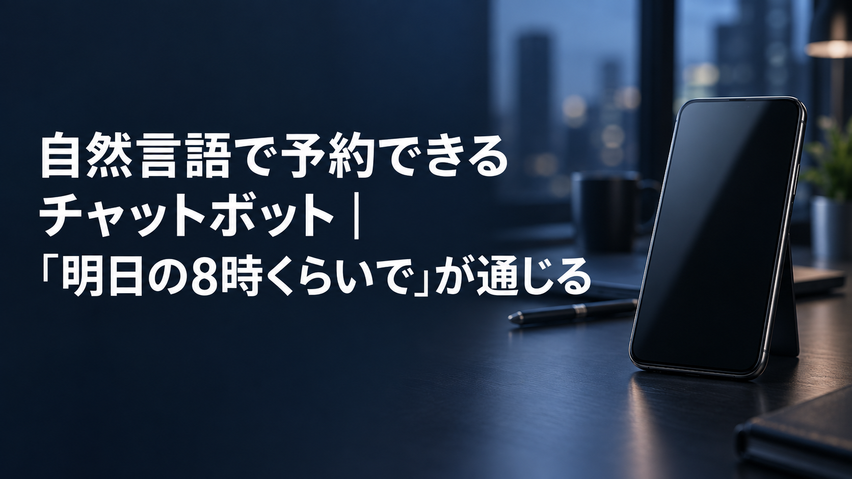 自然言語で予約できるチャットボットのアイキャッチ。濃紺の机に置かれたスマートフォンと記事タイトル