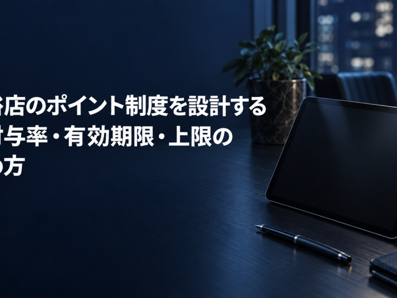 風俗店のポイント制度を設計する記事のアイキャッチ。夜のオフィスの机に置かれたタブレットと万年筆