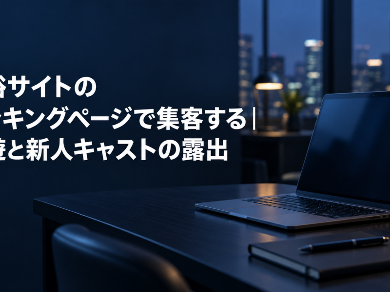 風俗サイトのランキングページで集客する記事のアイキャッチ。夜景の見える執務席に置かれたノートパソコンとノート