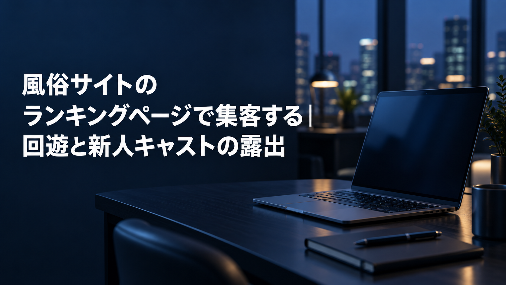 風俗サイトのランキングページで集客する記事のアイキャッチ。夜景の見える執務席に置かれたノートパソコンとノート