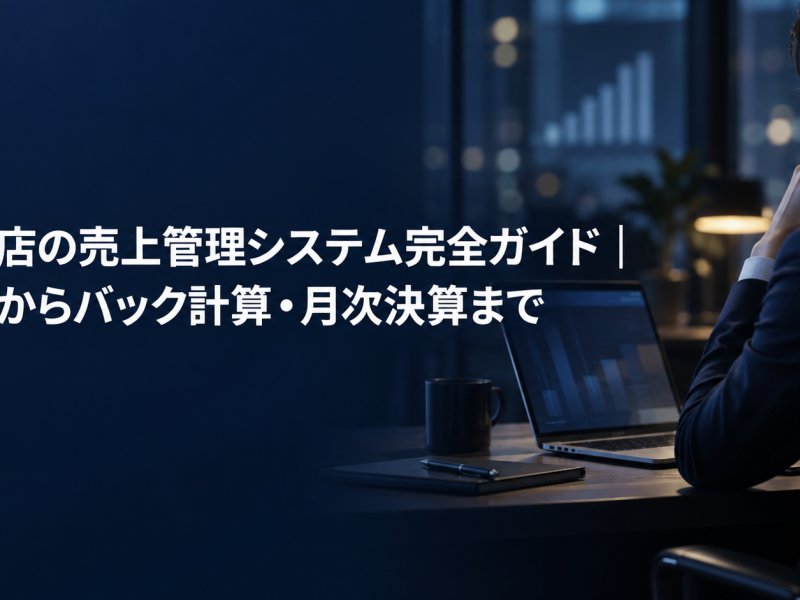 風俗店の売上管理システムを紹介する記事のアイキャッチ。夜のオフィスでノートパソコンの売上グラフを見る店舗責任者