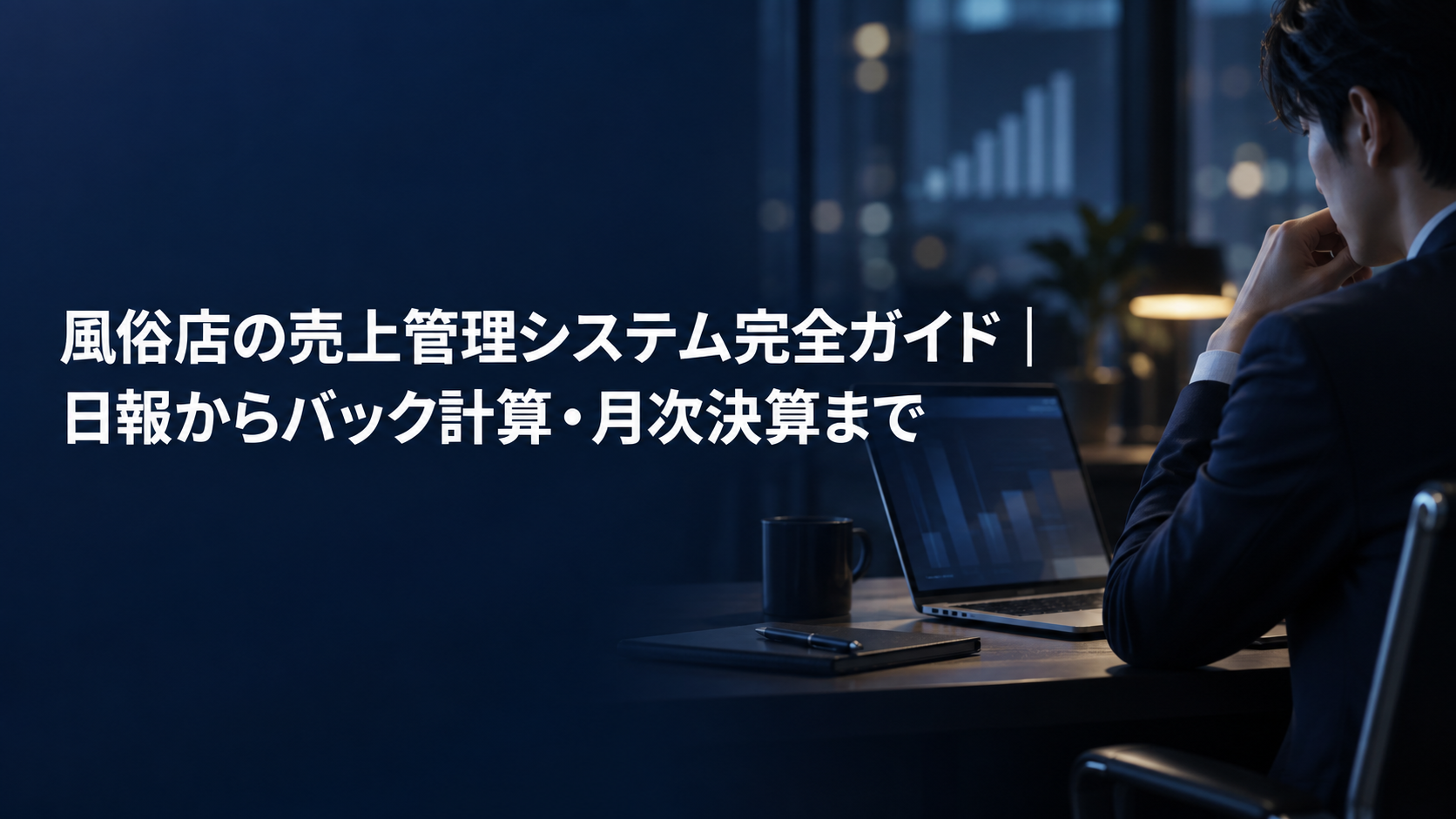 風俗店の売上管理システムを紹介する記事のアイキャッチ。夜のオフィスでノートパソコンの売上グラフを見る店舗責任者
