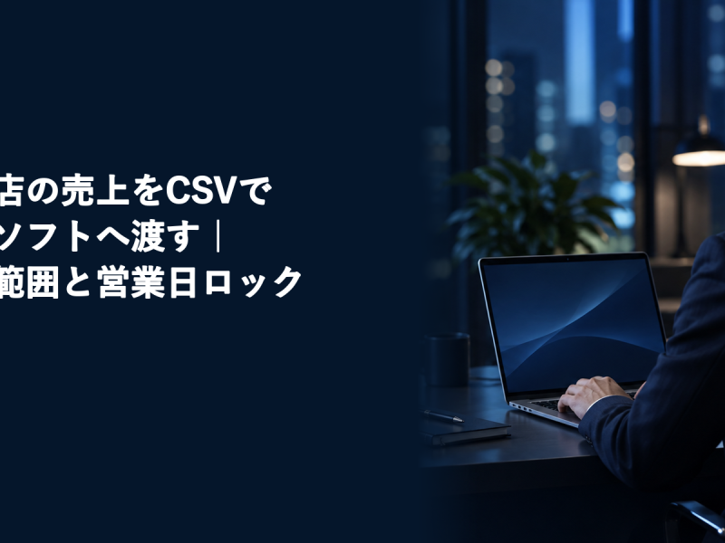風俗店の売上をCSVで会計ソフトへ渡す方法を紹介する記事のアイキャッチ。夜のオフィスでノートパソコンに向かう男性スタッフ