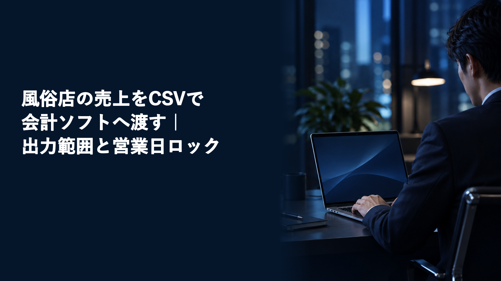 風俗店の売上をCSVで会計ソフトへ渡す方法を紹介する記事のアイキャッチ。夜のオフィスでノートパソコンに向かう男性スタッフ