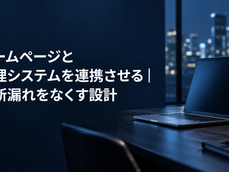 ホームページと管理システムを連携させる記事のアイキャッチ。夜のオフィスの机に置かれたノートパソコン