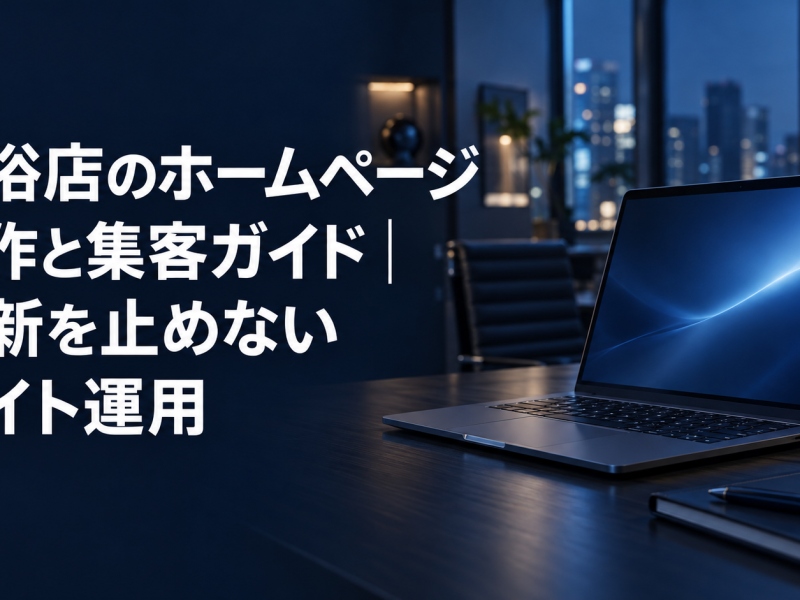 風俗店のホームページ制作と集客ガイドのアイキャッチ。夜のオフィスの机に置かれたノートパソコン