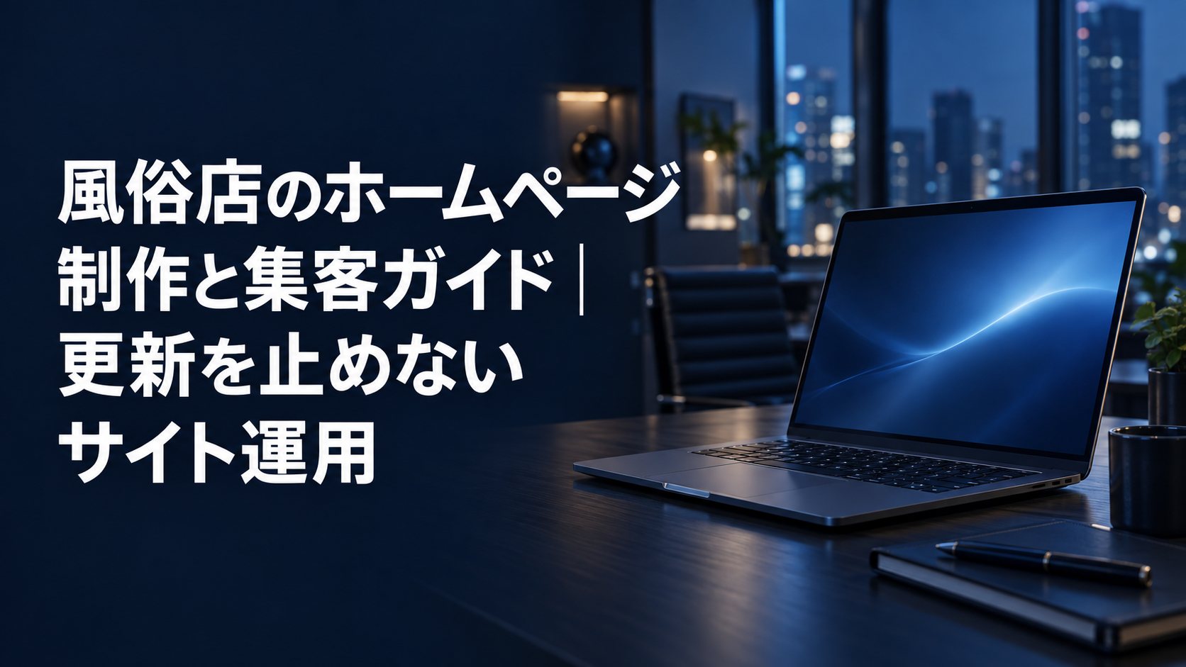 風俗店のホームページ制作と集客ガイドのアイキャッチ。夜のオフィスの机に置かれたノートパソコン