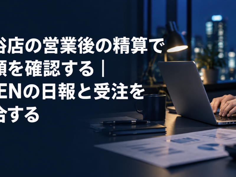 風俗店の営業後の精算で差額を確認する記事のアイキャッチ。夜のオフィスでノートパソコンに向かい集計資料を確認する店舗管理者
