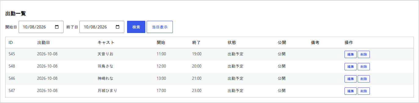 CYENの出勤一覧画面。2026年10月8日で絞り込み、4名分の出勤日・開始時刻・終了時刻・状態・公開の列が並んでいる