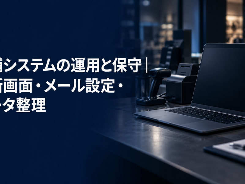 「店舗システムの運用と保守｜診断画面・メール設定・データ整理」と書かれたアイキャッチ画像。濃紺の店内カウンターにノートパソコンとレシートプリンターが置かれている