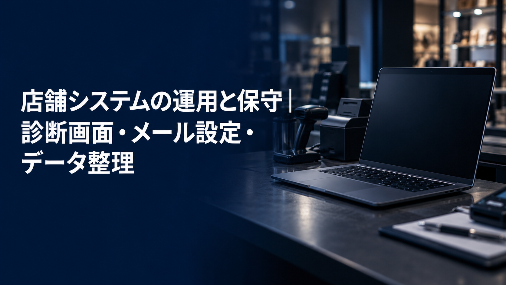 「店舗システムの運用と保守｜診断画面・メール設定・データ整理」と書かれたアイキャッチ画像。濃紺の店内カウンターにノートパソコンとレシートプリンターが置かれている