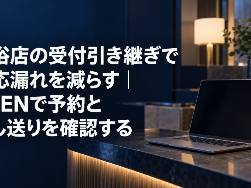 風俗店の受付引き継ぎで対応漏れを減らす記事のアイキャッチ。夜の受付カウンターに置かれたノートパソコン