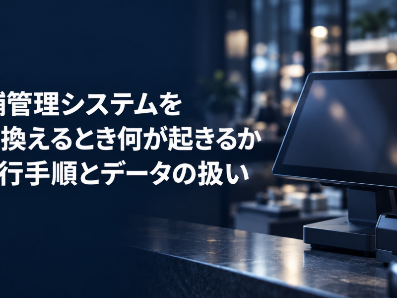 「店舗管理システムを乗り換えるとき何が起きるか｜移行手順とデータの扱い」と書かれたアイキャッチ画像。濃紺の店内カウンターにPOS端末が置かれている